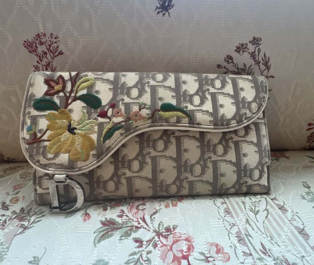Christian Dior Vintage Trotter Saddle Floral Embroidered Long Wallet